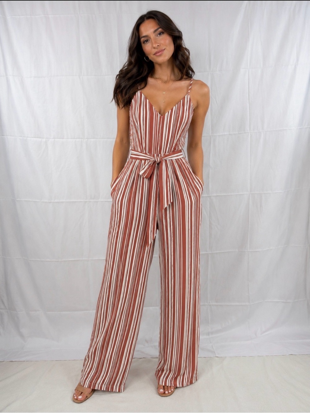 Bridge Striped Wide Leg Jumpsuit Tie‎ Waist Halter Boho Size S NWT